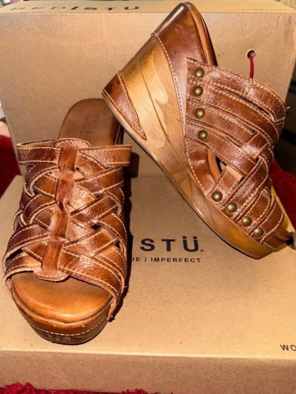 BED|STÜ Gina II Tan Rustic Leather Strappy Wedge Sandal Size 5.5 New in Box